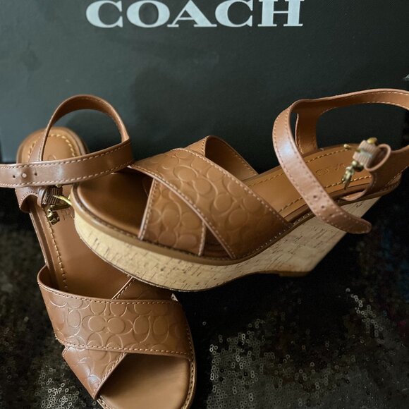 Coach Leather Wedges Size 8.5/ Lion tan/ Neutral Summer Heels - Picture 1 of 3